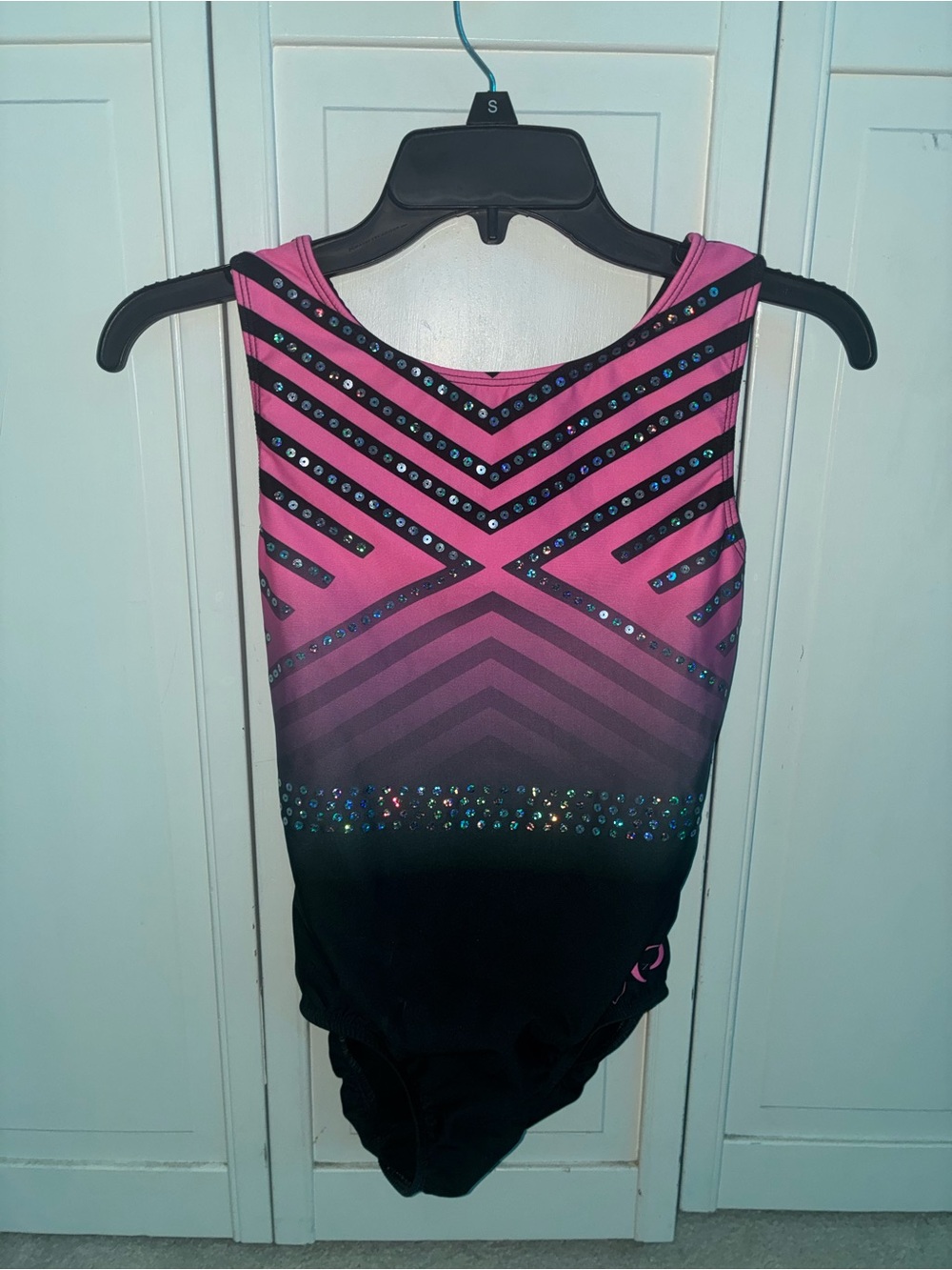 Girls Pink and Black Gymnastics Leotard with Rhinestone Accents